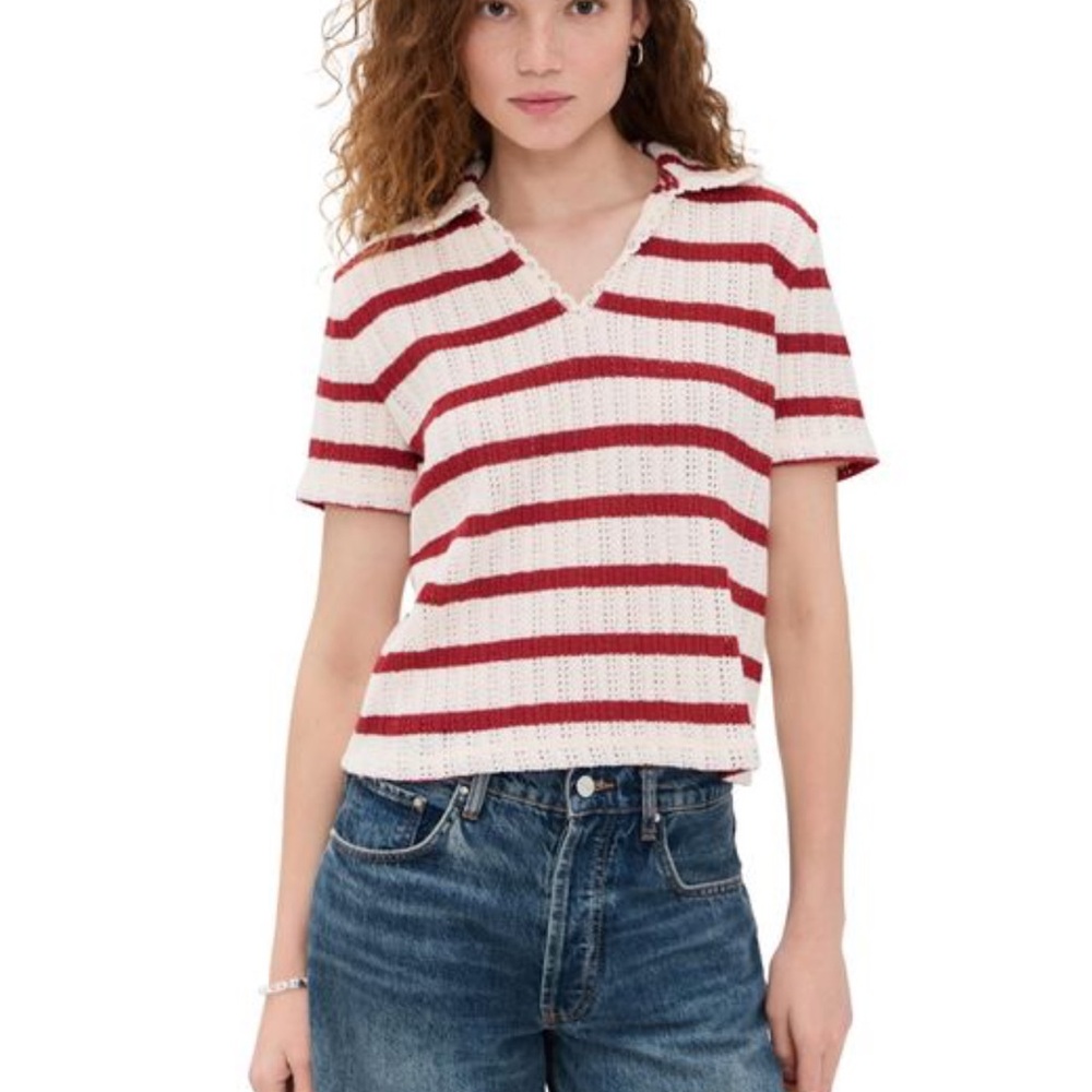 Madewell Crochet Knit Rust and White Striped Polo Vneck Short Sleeve Sweater Med